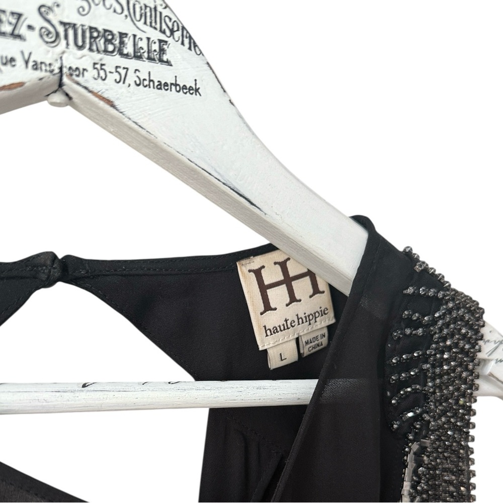 Haute Hippie Black Sheer Beaded Fringe Shoulder Top - Picture 4 of 5